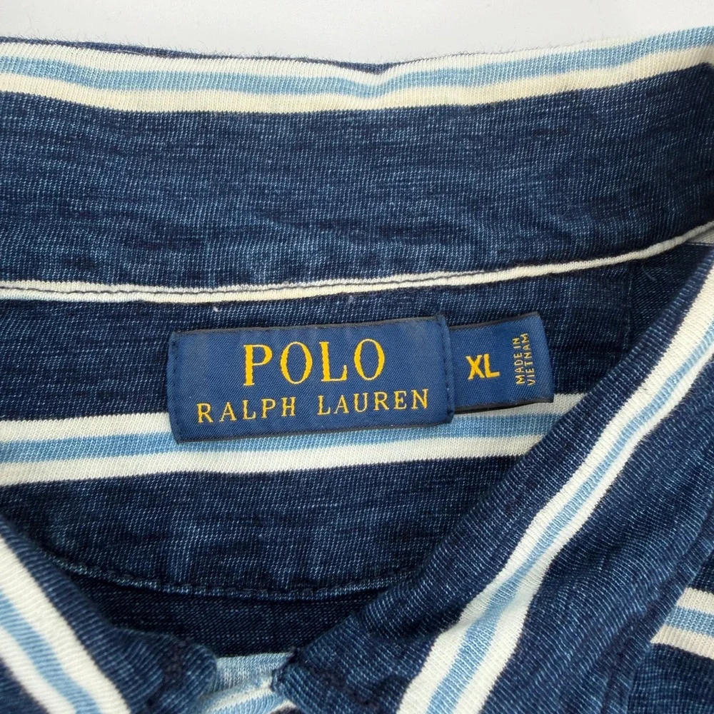 Polo Ralph Lauren Mens XL Navy Blue White Striped Pocket Polo Shirt RL Anchor